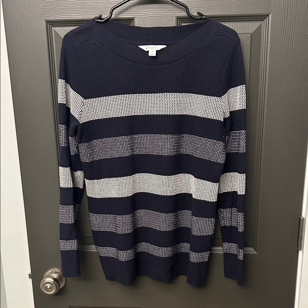 Market & Spruce Women's Cotton Blend Waffle Stitch Pullover Navy & White Sweater